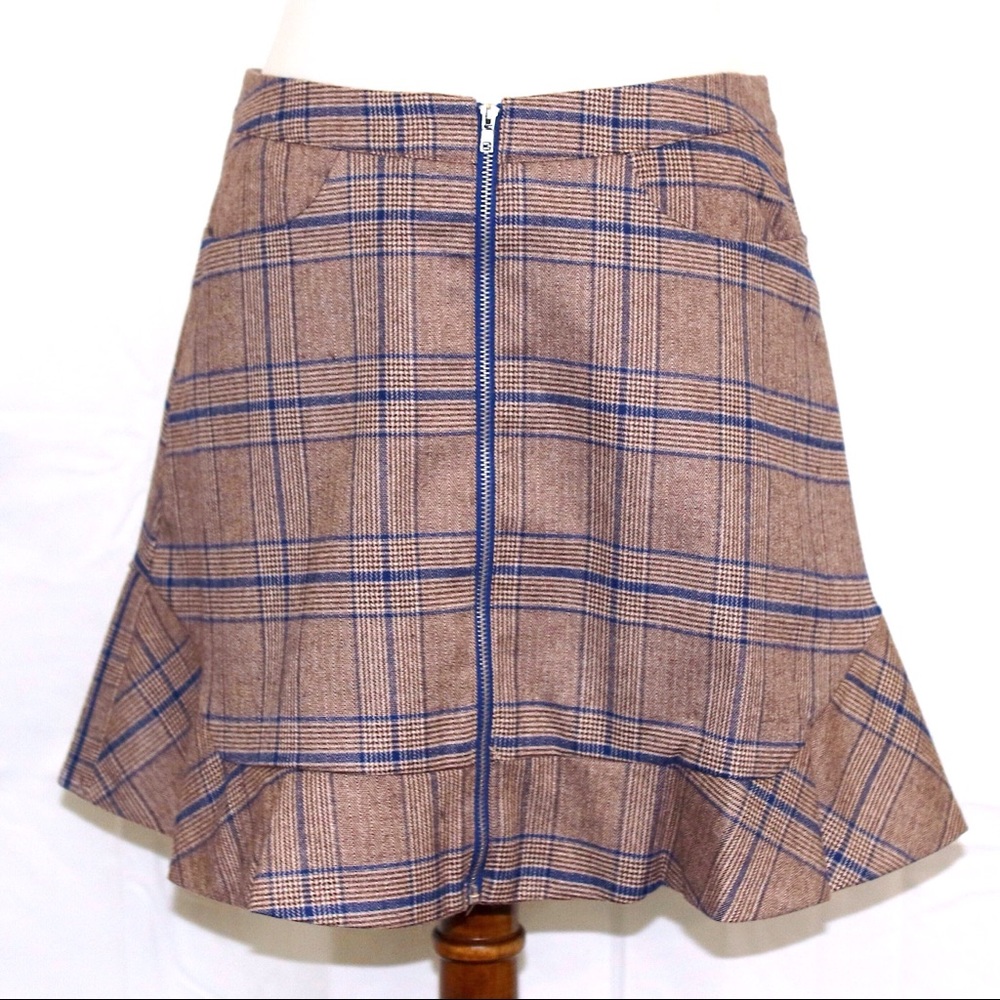 Light brown navy stripe Plaid zip up mini skirt